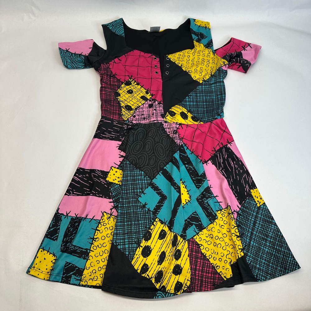 Disney Nightmare Before Christmas Sally Patchwork Cold Shoulder Skater‎ Dress M